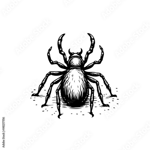 Monochrome depiction of a stylised beetle with prominent mandibles, standing out distinctly