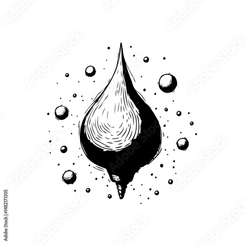 A monochromatic surreal illustration of an abstract droplet surrounded by bubbles
