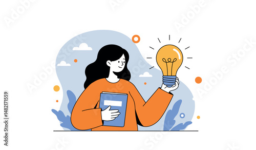 Creative thinking and learning concept with smiling woman holding book and light bulb