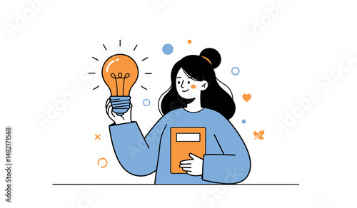 Creative idea concept with woman holding light bulb and notebook