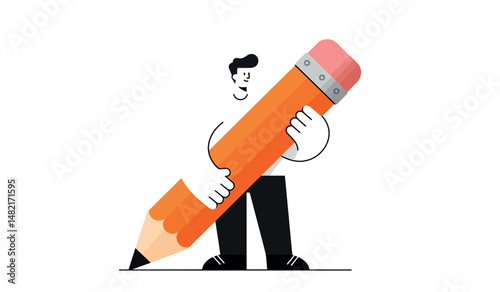Cartoon character holding giant orange pencil for creative design concepts