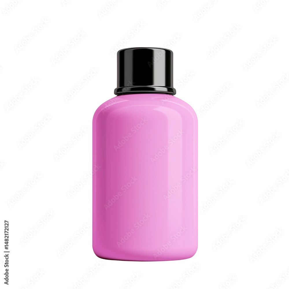 Glossy pink cosmetic bottle with black cap isolated on black background for beauty concepts Glossy pink cosmetic bottle with black cap isolated on black background for beauty concepts