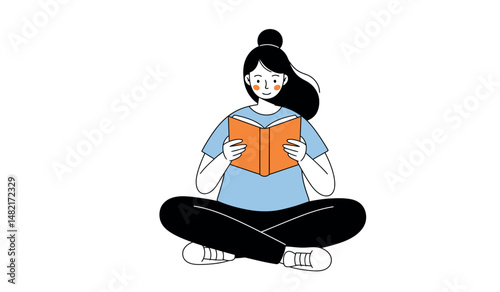 Young woman enjoying reading a book in a calm and relaxed pose