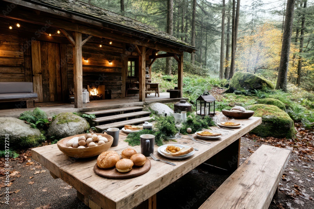 Fototapeta premium Rustic Cabin Feast: An inviting rustic wooden cabin nestled amidst lush forest foliage. A long table, laden with rustic tableware, awaits a cozy gathering.