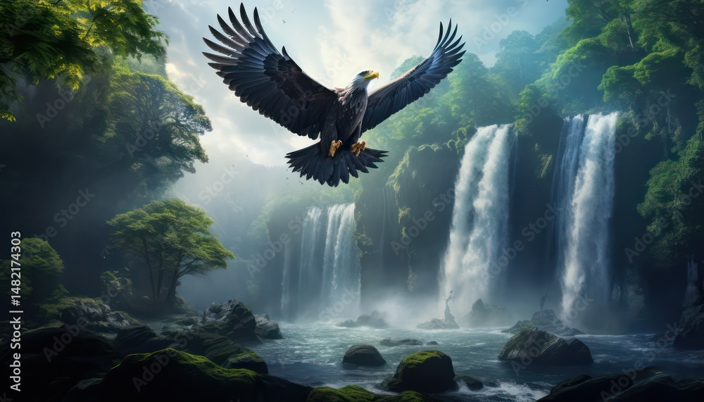 Fototapeta premium Eagle flying freely above the sky, with a stunning mountain and waterfall backdrop at sunset view