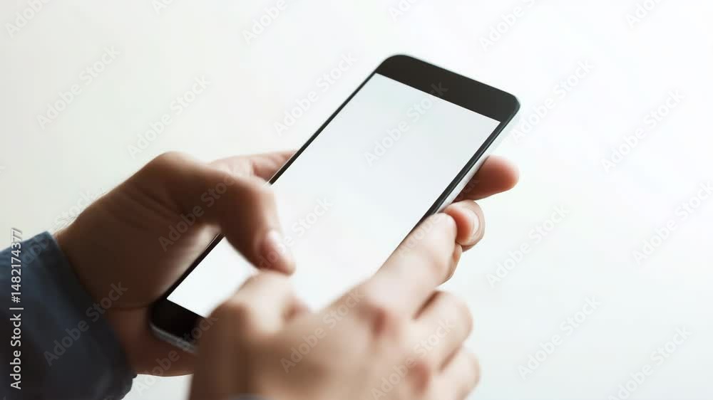 白い画面のスマートフォンを持つ手