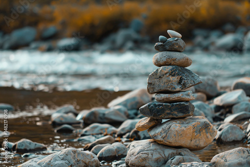 a pile of rocks sitting on top of a river photo