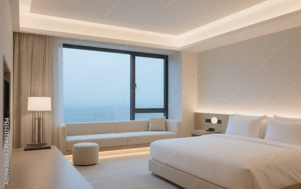Fototapeta premium Modern hotel interior with large windows, and soft lighting.