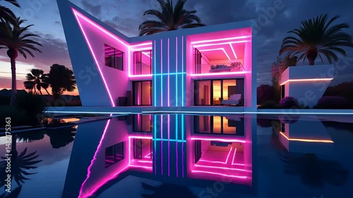 Futuristic modern house illuminated with vibrant pink and blue neon lights reflecting on calm water at night with palm trees and dark sky background


