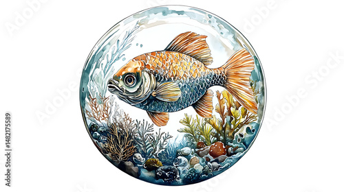 Beautiful small goldfish in round glass aquarium isolated on white background.