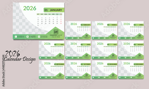 Calendar design for 2026. Week starts on Sat. Set of 12 calendar pages vector design print template with place for photo and company logo. Desk Calendar 2026 template - 12 months included.