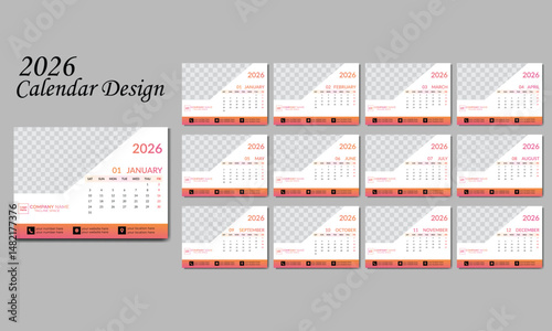 Calendar design for 2026. Week starts on Sat. Set of 12 calendar pages vector design print template with place for photo and company logo. Desk Calendar 2026 template - 12 months included.