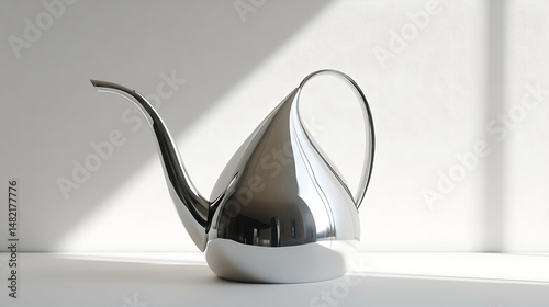 A sleek silver watering can with a long spout sits on a white surface.