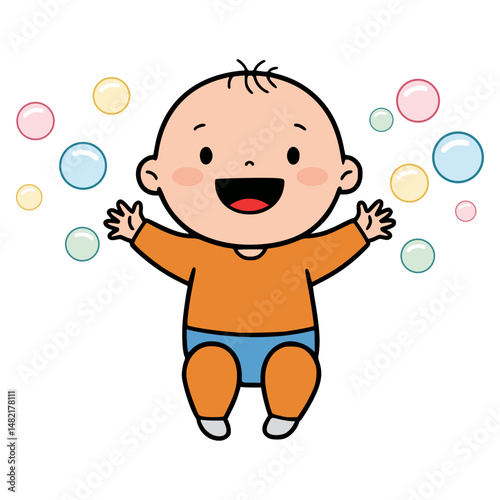 baby toddler popping bubbles flat color vector illustration template design