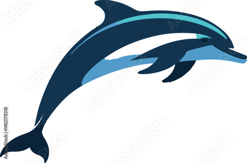 A sleek blue and teal dolphin is depicted in mid-leap, showcasing its graceful form and dynamic movement against a clean white background.