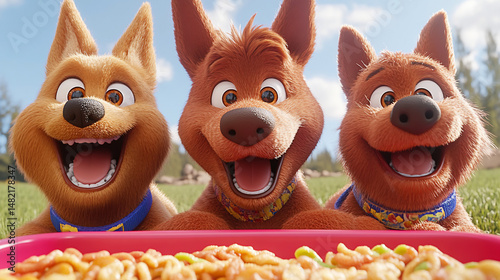 Three dogs looking at food