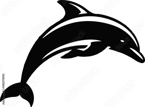 A bold black silhouette of a dolphin leaping gracefully, capturing its dynamic form against a pure white background, ideal for marine and nature-themed designs.