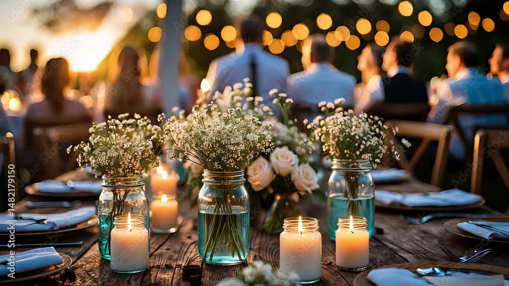 Cozy outdoor dining table decorated with glowing candles, delicate white flowers in glass jars, and blurred warm string lights in the background

