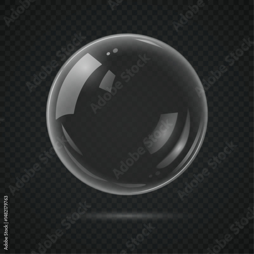 Transparent glass sphere or ball with light highlights isolated on dark background. Vector 3d illustration.