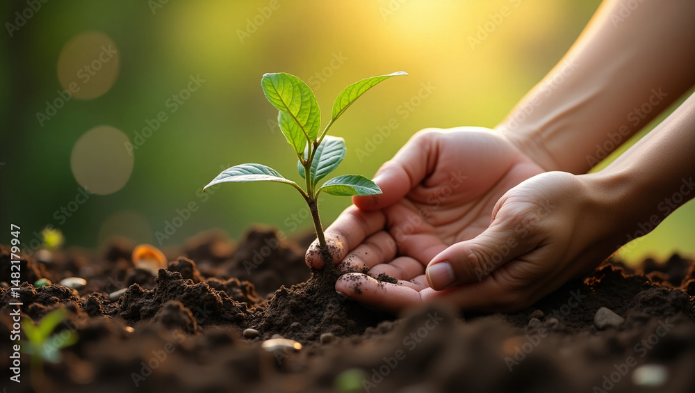 Fototapeta premium Planting a Young Seedling in Soil at Sunset