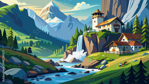 Nestled deep within the Lauterbrunnen valley, a majestic waterfall cascades beside a charming Swiss village. The sound of rushing water harmonizes with the quiet rhythm of alpine life.

