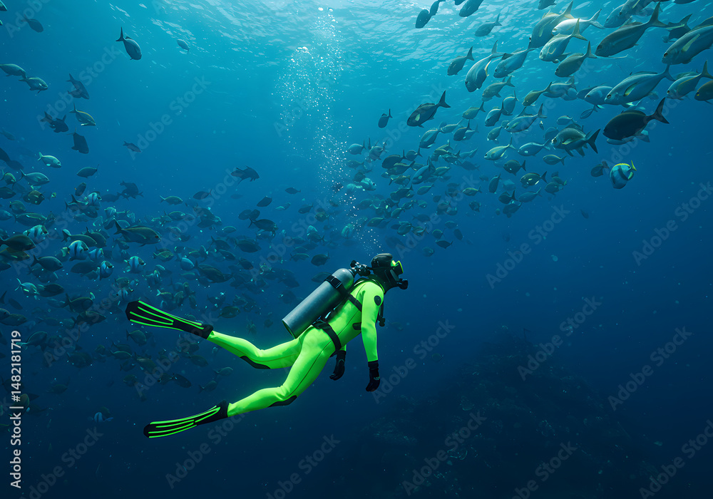 Fototapeta premium Diver in neon gear swimming among fish in blue underwater ocean