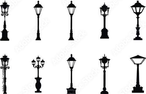 Set of lamp post silhouette vectors. Vintage streetlamp bundle isolated on transparent background