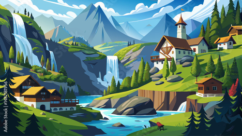 Nestled deep within the Lauterbrunnen valley, a majestic waterfall cascades beside a charming Swiss village. The sound of rushing water harmonizes with the quiet rhythm of alpine life.

