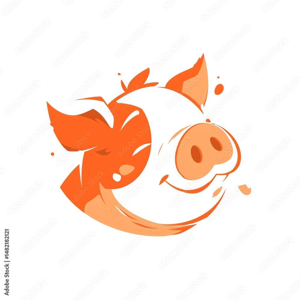 Fototapeta premium Smiling Orange Pig Head Design Simple Shapes Flat Vector Illustration