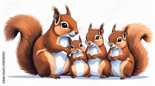 AI Generative. Cute Squirrel Family Together White Background. 1