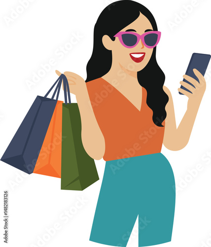 Woman Shopping with Bags and Phone