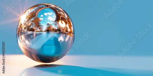 Chrome sphere reflecting autumnal park in upside down view with sun shining brightly
