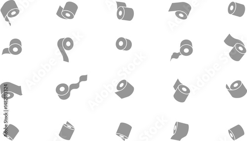 Collection of 20 minimalist grey toilet paper roll icons. Versatile design suitable for websites, apps, or infographics needing a clean, modern aesthetic.