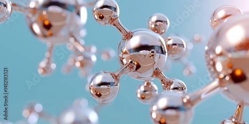 Metallic molecular structure reflecting light on blue background