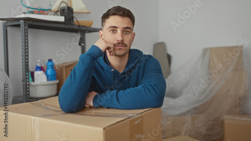 Foto Young man in blue hoodie leaning on cardboard box in new apartment surrounded by unpacked items, symbolizing transition and fresh beginnings in a modern residential space