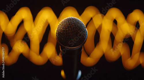 A silver vintage microphone stands against blurred background.
