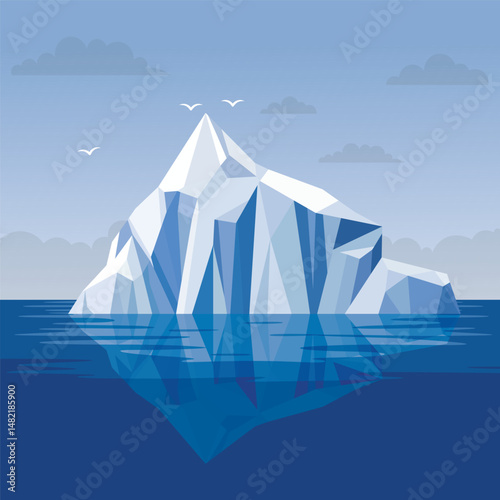 Frozen Iceberg Ice Mountain Glacier Nature Landscape Floating on Blue Sea Ocean in Bright Sky
