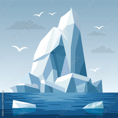 Frozen Iceberg Ice Mountain Glacier Nature Landscape Floating on Blue Sea Ocean in Bright Sky