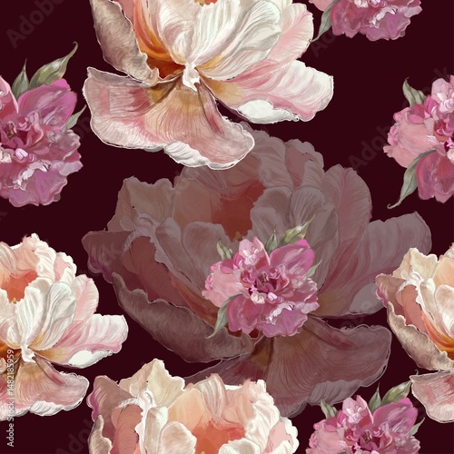 Bild auf Leinwand Seamless floral pattern with hand-drawn flowers on a   burgundy background