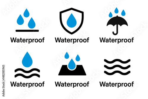 Six Professional Waterproof Icons Collection for Design Projects featuring Water Drops and Umbrella Symbols