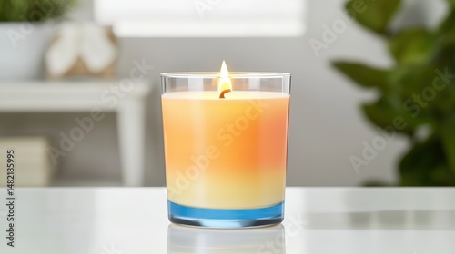 A sun-themed candle glowing softly, warm tones on a white table,