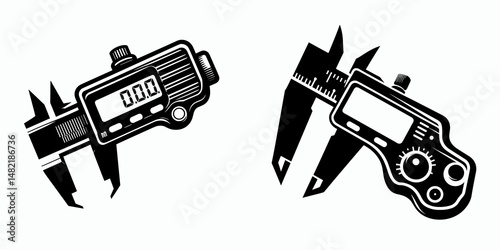 Digital Caliper. Tools Equipment Hardware Construction Repair Diy Clipart Line Art Vector Illustration. Electronic slide gauge for precision measurement of length width thickness.