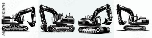 Crawler Excavator. Tools Equipment Hardware Construction Repair Diy Clipart Line Art Vector Illustration. Tracked digger earthmoving apparatus for building construction infrastructure.