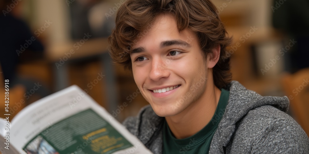 Obraz premium College student engaged in reading handbook for academic preparation and success
