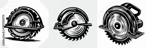 Circular Saw. Tools Equipment Hardware Construction Repair Diy Clipart Line Art Vector Illustration. Rotary blade tool for woodworking cutting lumber and home improvement projects.