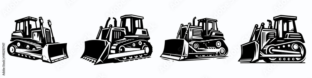 Naklejka premium Bulldozer. Tools Equipment Hardware Construction Repair Diy Clipart Line Art Vector Illustration. Earthmoving tractor vehicle for land grading and demolition job.