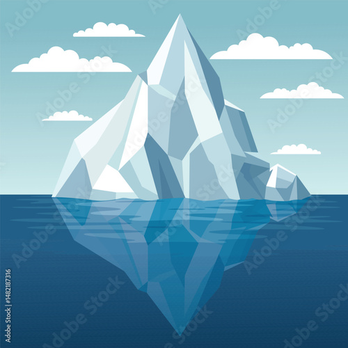 Frozen Iceberg Ice Mountain Glacier Nature Landscape Floating on Blue Sea Ocean in Bright Sky