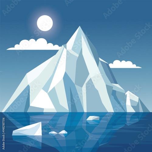 Frozen Iceberg Ice Mountain Glacier Nature Landscape Floating on Blue Ocean with Sun in Bright Sky