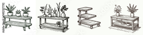 Wooden low shelf. Tools Equipment Hardware Construction Repair Diy Clipart Line Art Vector Illustration. Short timber deck minimal bookcase stout display furniture rustic plank.