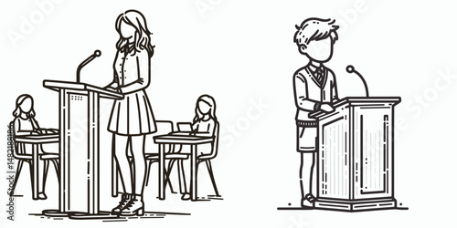 Student podium desk. Tools Equipment Hardware Construction Repair Diy Clipart Line Art Vector Illustration. Academic lectern workstation perfect learning space for pupils presentation.